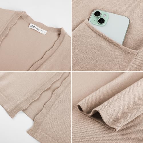 GRACE KARIN Womens Cardigan Sweaters, Lightweight Long Cardigans, Business Casual Knit Blazer Khaki M