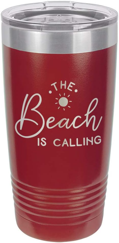 THE BEACH IS CALLING Maroon 20 oz Drink Tumbler With Straw | Engraved Stainless Steel Travel Mug | Funny Quote Gift Idea | OnlyGifts.com