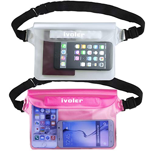 ivoler [2 Unidades] Riñonera Impermeable Universal con Correa de Cintura, Bolsa Estanca para Playa, Floating, Rafting, Kayak, Senderismo, Pesca, Escalada, Camping, etc. (Transparent+Rosa)