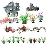 GeLaozee Aquarium Decorations Set - Complete Fish Tank Decor with Green Pirate Shipwreck and Resin Tree Stump Plastic Plants for Betta Fish Tank & Small Aquariums (20-Piece Kit)