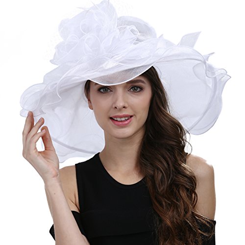 Janey&Rubbins Womens Organza Lightweight Saturday Horse Racing Derby Day Wide Brim Church Hat (White)