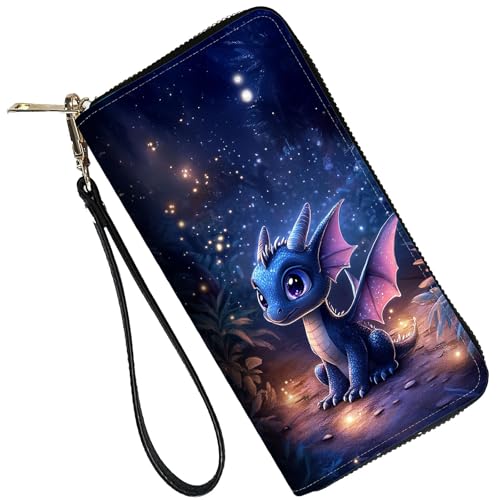 Image of RFID Blocking Leather Wallet for Women - Large Capacity Zip Around Clutch with 8 Card Slots,30 Cash Pockets & Coin Zipper,Cute Baby Dragon