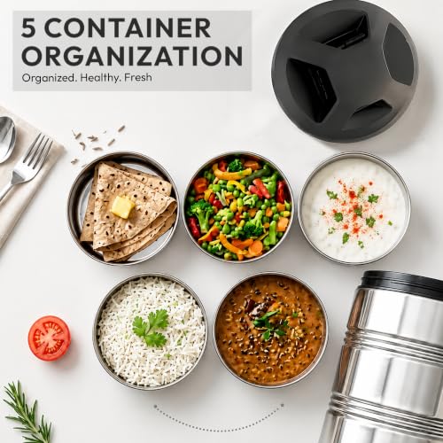 Image of Mumma's LIFE Lunch Box Steel Stainless | 5 Container Multipurpose Dishwasher Safe Tiffin Box for Office Use & School | Silver Finish Meal Carrier for Daily Use