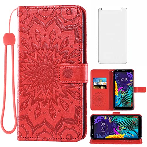 Phone Case for LG Aristo 4 Plus 4+/Tribute Royal X320/Escape Plus/Journey LTE L322DL/K30 2019/Arena 2/X2 2019/Prime 2 Wallet with Tempered Glass Screen Protector Flip Cover Card Holder Stand Cell Red