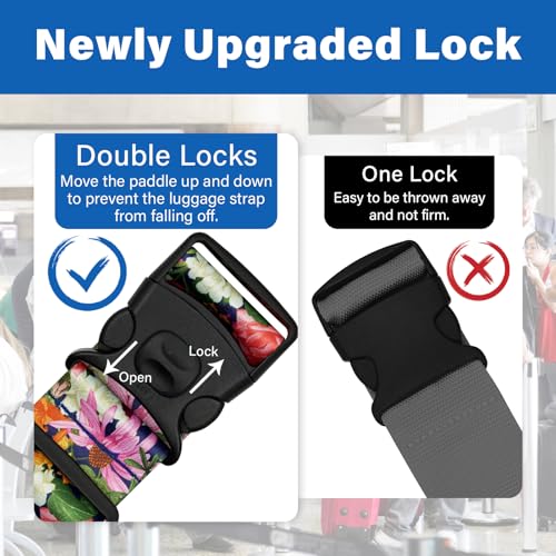 Image of 2 Pack Luggage Straps for Suitcases, Adjustable Travel Belt with Double Lock and Quick Release Buckle, Heavy Duty Nylon Bag Packing Strap, Bright Identifiers Business Travel Accessories-Flower Garden