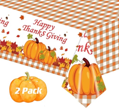 2 Pack Happy Thanksgiving Tablecloth, Fall Pumpkin Maple Leaves Plastic Table Cloth Autumn Disposable Rectangle Plaid Table Cover for Thanksgiving Day Tables Decor Party Decorations, 54x108 Inch - image 1