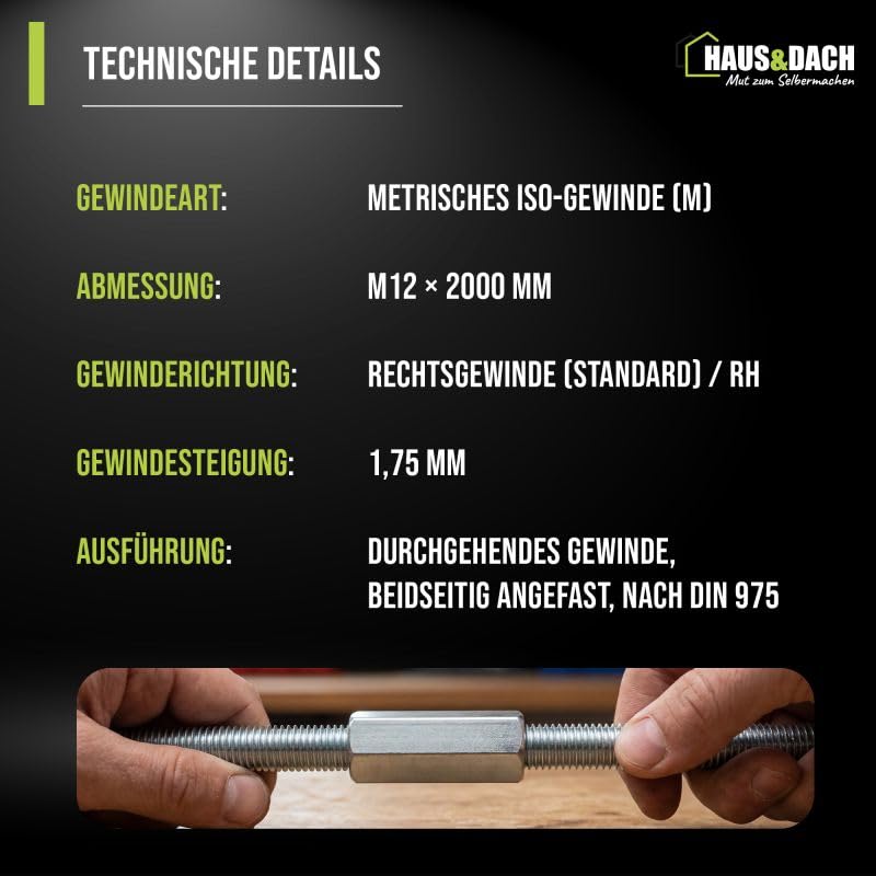HAUS&DACH Gewindestange M12x2000 mm DIN 975 - Gewindestab für Montage, Bau & Befestigung, Edelstahl A2 - 1 Stk.