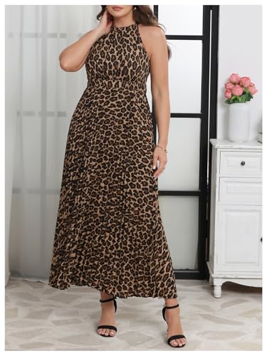 Image of Floerns Women's Plus Size Boho Sleeveless Halter Neck Tie Back A Line Long Dress