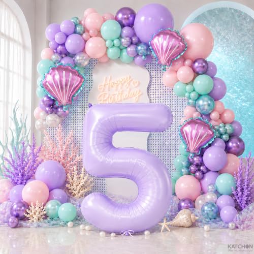 Image of KatchOn Pastel Purple Number 5 Balloon Lilac Birthday Decorations - 40 Inch