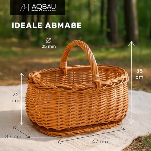 Aqbau Einkaufskorb, osterkorb groß geflochten aus Weide 47 x 35 x 33 cm – Weidenkorb mit Henkel, stabiler Tragekorb, Picknickkorb, Pilzkorb, natürlicher Wicker Basket