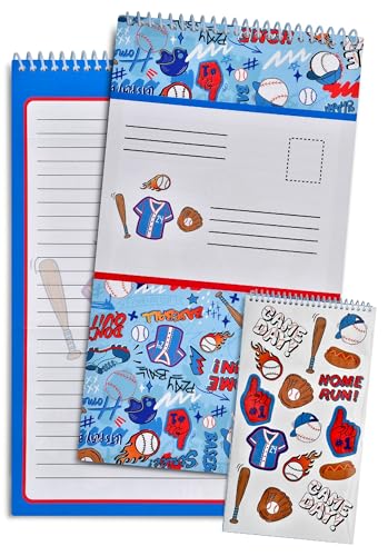 Image of iscream + Corey Paige Designs Fold and Send Boys Stationery Set - Baseball | 40 Pack, Fun Print, Spiral Bound, Large 10.5 inch x 5.75 inch Cards, Coordinating Sticker Sheets, Fold and Send, Summer Camp Ready