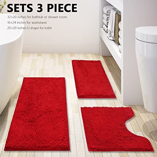 Image of BOANKODU Bathroom Rugs Chenille 3-Piece Extra Soft and Absorbent Shag Bathroom Rugs, Machine Wash Mat, Strong PVC Non-Slip Underside, Plush Carpet Mats (Red)