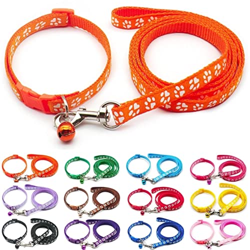 Small Dog Puppy Pet Collar and Lead Set Pawprint Design Nylon Adjustable Size 19-32cm Collar with Bell and 120cm Leash Orange