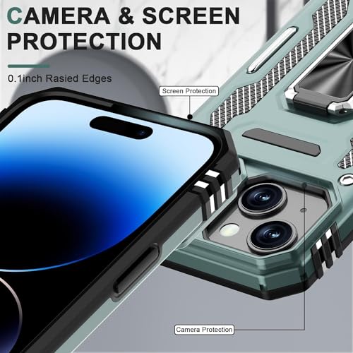 Image of Polycarbonate Back Cover Case Compatible for Apple iPhone 15 with Slide Camera Cover & Rotated Ring Kickstand | Military Grade Mobile Phone Cover Case for Apple iPhone 15 (Green)