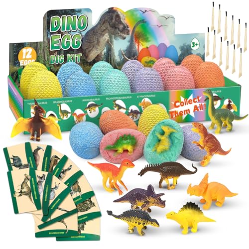 shallyong Ovos dinossauros, 12 kit de escavação brinquedo dinossauros, conjunto de dinossauros para escavar crianças, arqueológica com martelo e escova, jogo educativo para meninos e meninas