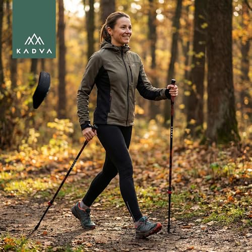 KADVA HALNA Nordic Walking Stöcke in Rot, verstellbare Größe 84-135 cm Quick Lock System für stabile und sichere Fixierung des Griffs aus strapazierfähigem PP und TPR
