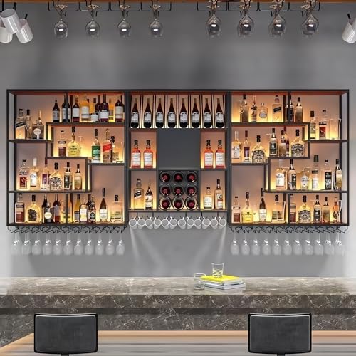 HFTUW 79 Inch Wall-Mounted Wine Rack & Liquor Shelf with LED Lighting - Bar Shelves for Liquor...