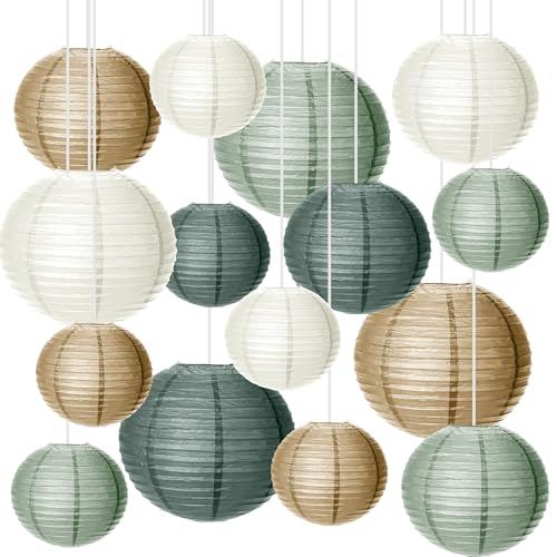 GOEDCH Lanterne en papier : 15 pièces décorations de fête de mariage, lanternes en papier suspendues vert or blanc, décorations de fête pour jardin,...
