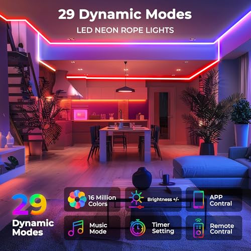 ANDOHAI 20FT LED Neon Rope Lights, Flexible Led Rope Lights Control with App/Remote, IP67 Outdoor RGB Color Changing Led Neon Lights Waterproof, Music Sync Led Strip Neon Lights for Bedroom Decor