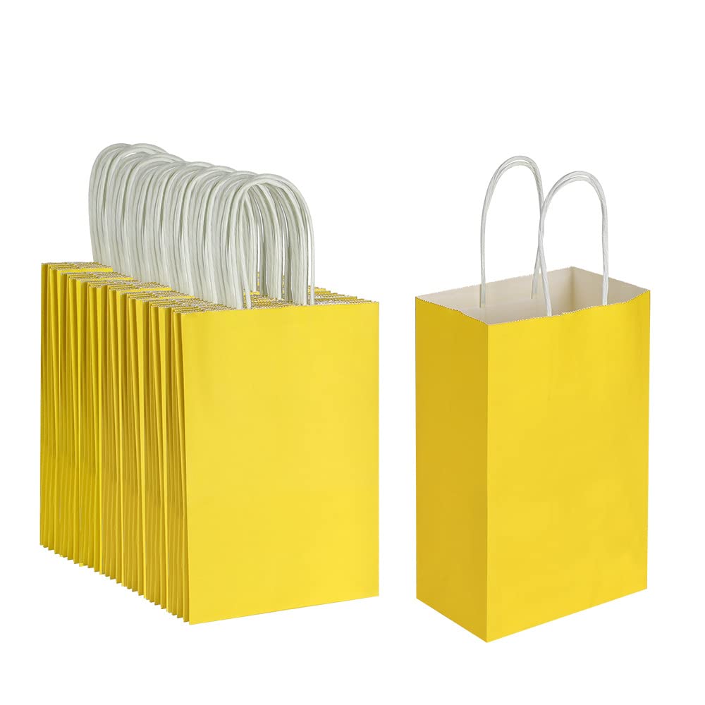 Oikss 100 Pack 5.25x3.25x8.25 Inch Small Yellow Kraft Paper Bags with Handles Bulk for Birthday Wedding Party Favors Grocery Retail Shopping Business
