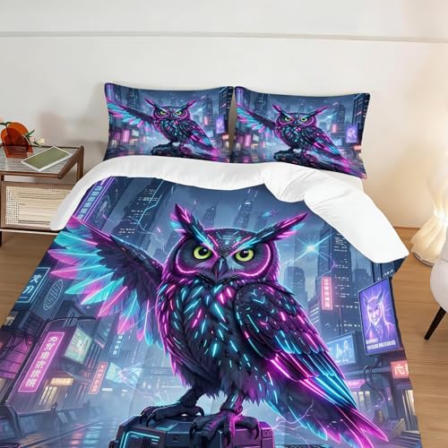 Image of Owl Comforter Set Full Size Robot Bird Bedding Sets for Boys Girls Kids Teens Bedroom Decor 3D Neon Sci-Fi Cyberpunk Animal Quilt 1 Comforter 2 Pillowcases