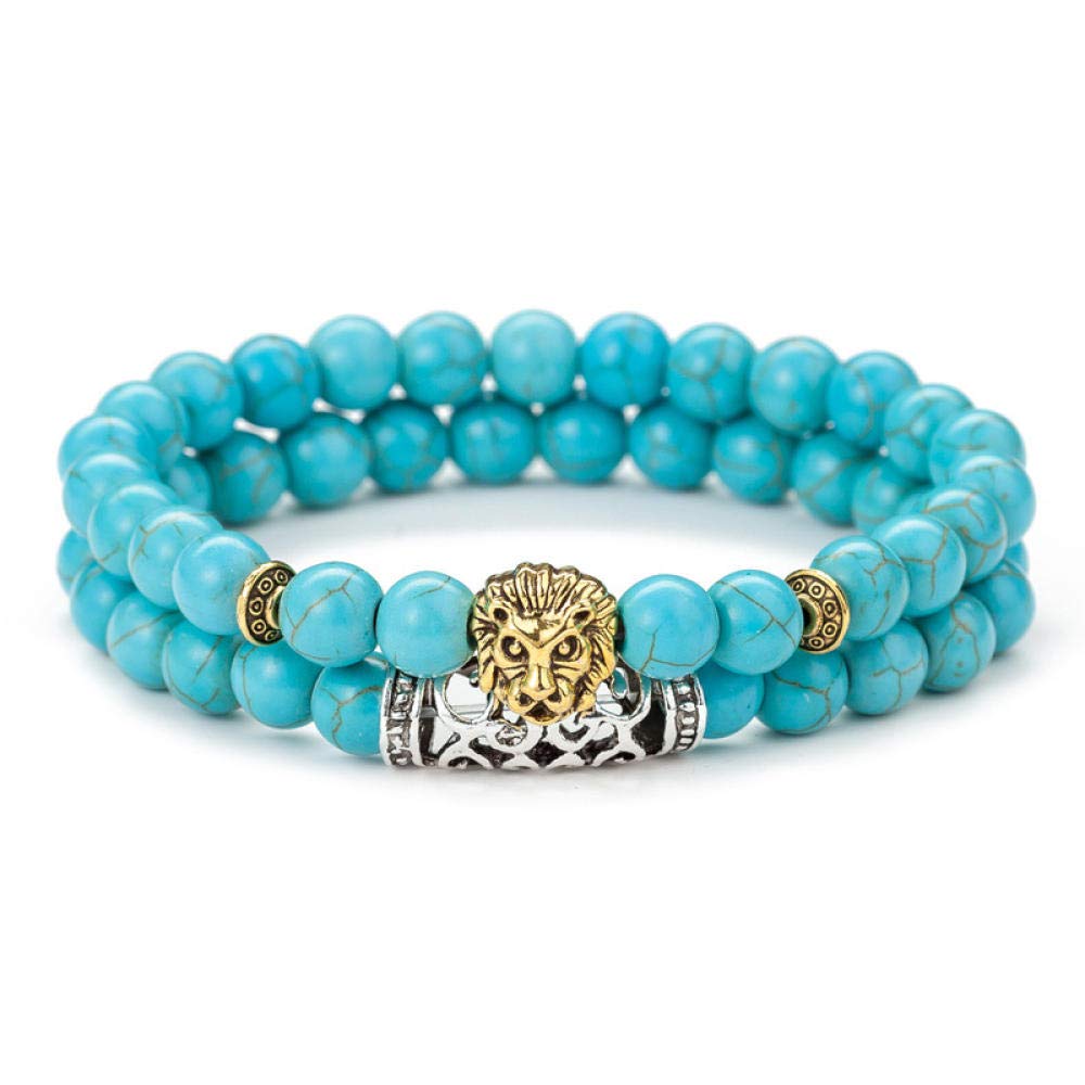 Stein-Armband, Naturstein-Perlen-Armband, modisches Löwenkopf-natürliches Türkis-Kugel-elastisches Armband-Set, personalisierte Kleidungsaccessoires