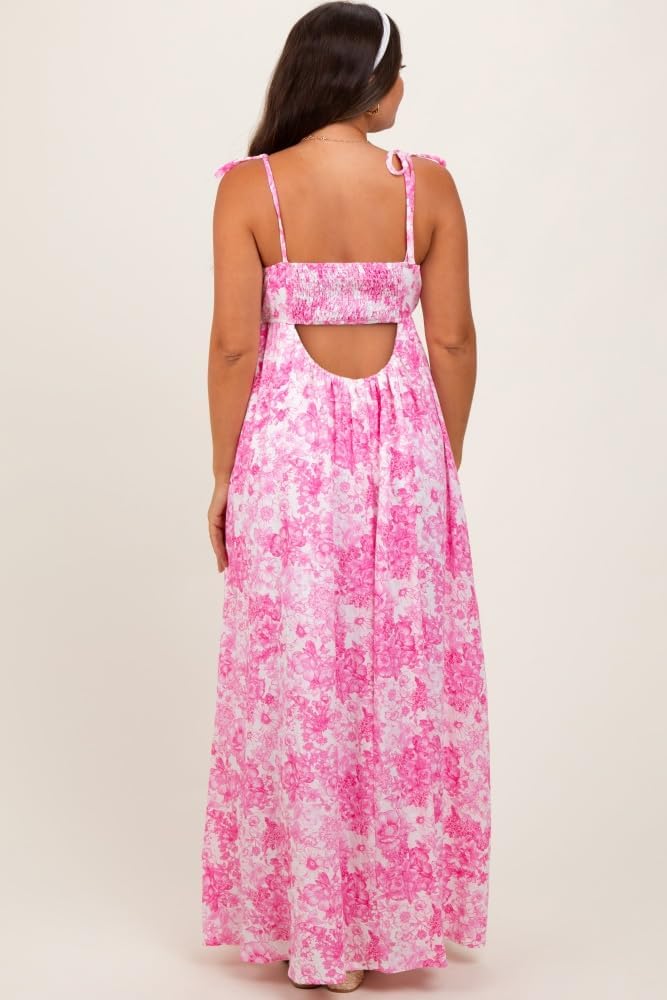 PinkBlush Leaf Print Sleeveless Open Back Smocked Maternity Maxi Dress