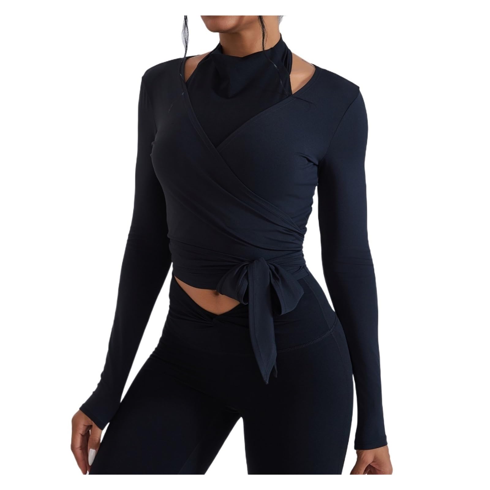 Top Yoga a Maniche Lunghe Donna Top da Donna avvolgenti for Yoga | T-shirt sportive a maniche lunghe con scollo a V profondo, cravatta, allenamento, danza classica, pilates