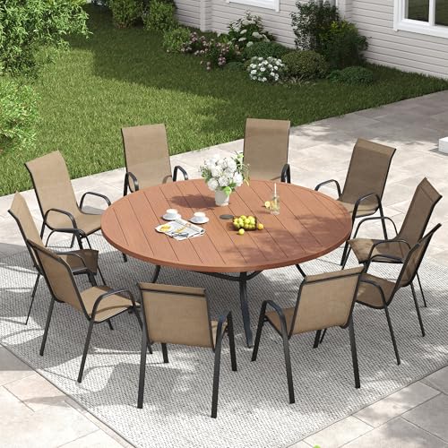 Image of VICLLAX Outdoor Dining Set for 10, All Weather Metal 11 Pieces Patio Set-60 Round Outdoor Table and Stackable Chairs for Lawn Garden and Backyard, Walnut Wood Grain Tabletop