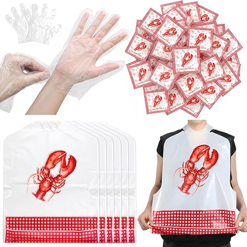 Chicingyou 60 Pcs Crab Lobster Bibs and Plastic Disposable Gloves Set Disposable Adult Feast Bibs Gloves Supplies for Seafood Boil Party (Lobster Style)