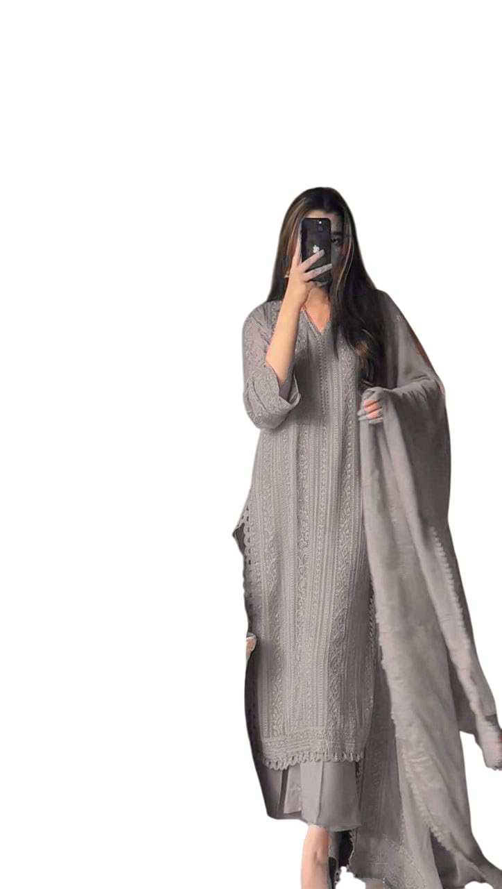 Chinon Silk with Cotton Thread Embroidery Straight Kurti With Pant and Dupatta set (Grey-L)-image-44