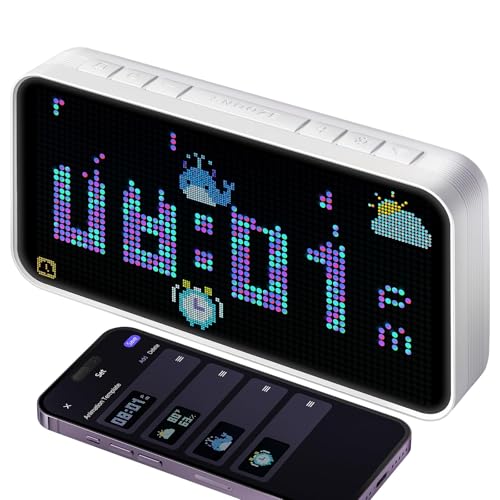 Dekala PixelRise Smart Alarm Clock for Bedroom,Pixel Art LED Dot Matrix Display, Weather Temperature Animation, Loud Dual Alarm for Heavy Sleeper, Sleep White Noise, WiFi Weather & Time Sync, App