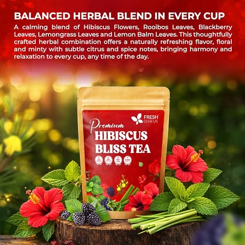 Image of FreshDrinkUS, Hibiscus Bliss Tea | 75 Tea Bags | Herbal Tea Blend with Hibiscus Flower, Rooibos, Blackberry Leaves, Lemongrass & Lemon Balm - Naturally Caffeine-Free, Vibrant & Refreshing Tea. Vegan