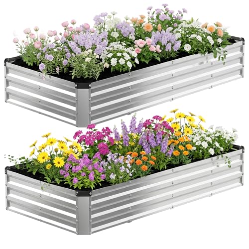 Image of NEWBULIG Galvanized Raised Garden Bed Outdoor, 8x4x1ft 2 Pack Metal Planter Box for Gardening, Rust-Resistant Rectangular Raised Flower Bed for Vegetables Flowers Herbs, Open Bottom, Easy Assembly