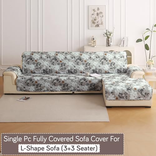 Image of HOKIPO 'Elira Series' Printed Quilted One-Piece L Shape 6 Seater (3+3) Sofa Cover with Right Chaise | Anti-Slip Design, Feather Brown Floral (AR-6230-C1)