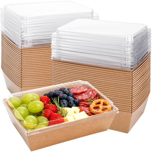 Image of Hiceeden 50 Pack Charcuterie Boxes with Clear Lids, 8.4 inchx5.7 inchx2.8 inch Paper Bakery Dessert Sandwich Box, Disposable Large Food Containers for Cookies, Donuts, Muffins, Salad, and Pastry, Brown