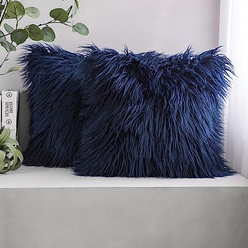 Image of Phantoscope Pack of 2 Faux Fur Solid Throw Decorative Pillow Cover Cushion Covers Luxury Soft Decorative Pillowcase Fuzzy Pillow Covers for Bed /Couch,Navy Blue 26 x 26 Inches
