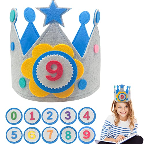 Corona de Infantil Cumpleaños, Unisex Corona per Números Intercambiables del 1 al 9, Corona de Tela Ideal per Fiestas de Cumpleaños