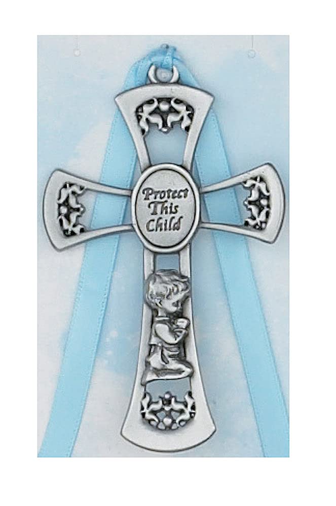 CatholicStore Protect This Child Boy's Cross, Blue Ribbon, Fine Pewter, 3-1/2".