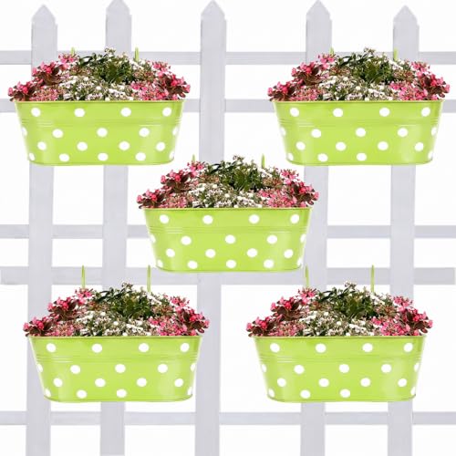 Image of TrustBasket Dotted Oval Railing Planter Basket - Green (Set of 5) | Heavy-Duty UV Stabilized Metal Flower Pots for Railings, Fence & Balcony, Indoor Outdoor Herb, Flower & Decorative Plants