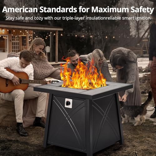 28 Inch Gas Fire Pit Table, Outdoor Propane Fire Pit Table with Steel Lid & Volcanic Rock, Square Firepit Adjustable Footpads for Gatherings Parties on Patio Deck Garden Backyard