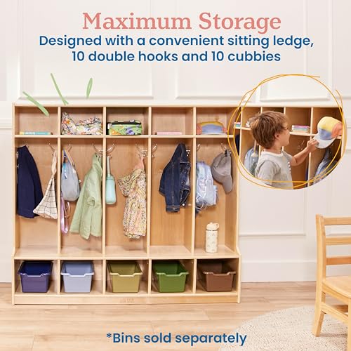 ECR4Kids 5-Section Coat Locker with Bench, Classroom Furniture, Natural - Image 6