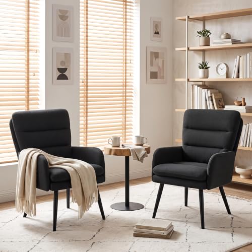 Image of Comfy Accent Chair Set of 2 Modern Boucle Living Room Chair,Black | Upholstered High Back Armchair with Padded Seat, Cozy Reading Lounge Chair with Black Metal Legs for Bedroom, Small Space