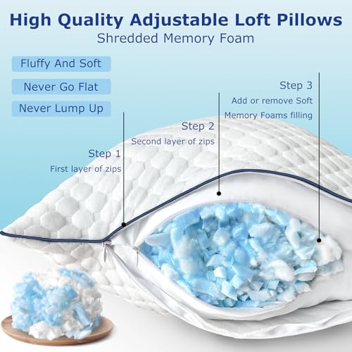 Image of Cooling Standard Pillows Set of 2, Shredded Memory Foam Pillows Standard Size, Adjustable Firm Bed Pillows for Side Back Stomach Sleepers, Standard Pillow for Sleeping with Zip Washable Cover