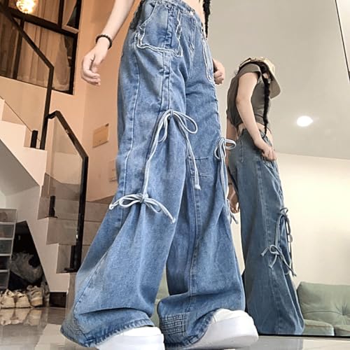 Y2K Gothic Kawaii Casual Style High Waisted Loose Wide Legs Vintage Distressed Jeans Drawstring Denim Pants4