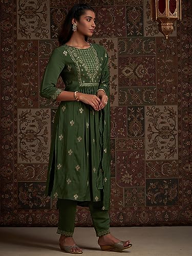 Image of INDO ERA Women's Embroidered Poly Silk Kurta With Pant & Dupatta Set (IEOUT7099)