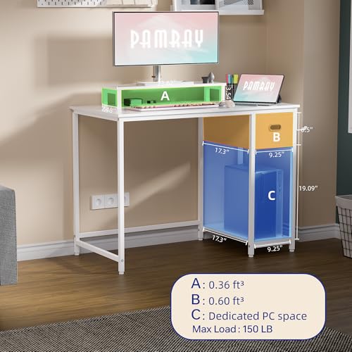 Image of Pamray 39 Inch Computer Desk with Monitor Stand Small Home Office Desks with Non-Woven Storage Drawer for Bedroom Study Table Writing and Work Desk White,White Leg