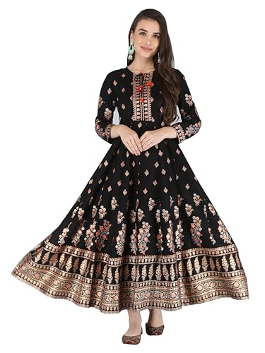 Image of Aj Art Anarkali Kurti for Women and Girls Floral Golden Print Regular Slim Fit Rayon Blue (Set of 1)