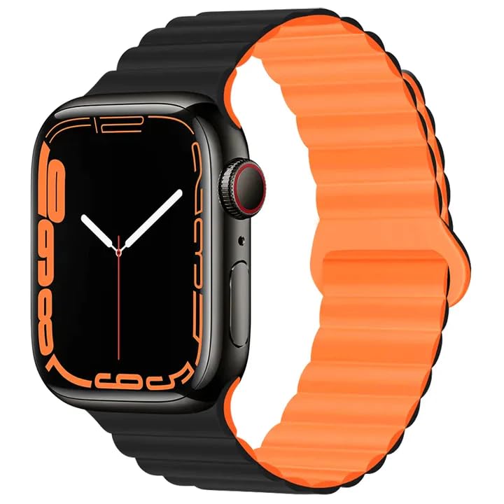 Image of Silicone Magnetic Band Compatible with Apple Watch 38mm 40mm 41mm 42mm 44mm 45mm 49mm, for Series Ultra 9 8 7 SE 6 5 4 3 2 1 Women Men |Watch Not Included (Black /Orange, 42mm /44mm /45mm /49mm)