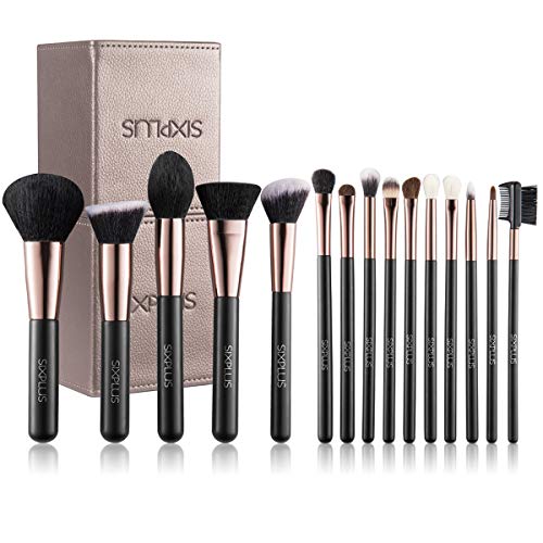 SIXPLUS 15Pcs Coffee Makeup Brush Set with Makeup Holder (Coffee)
